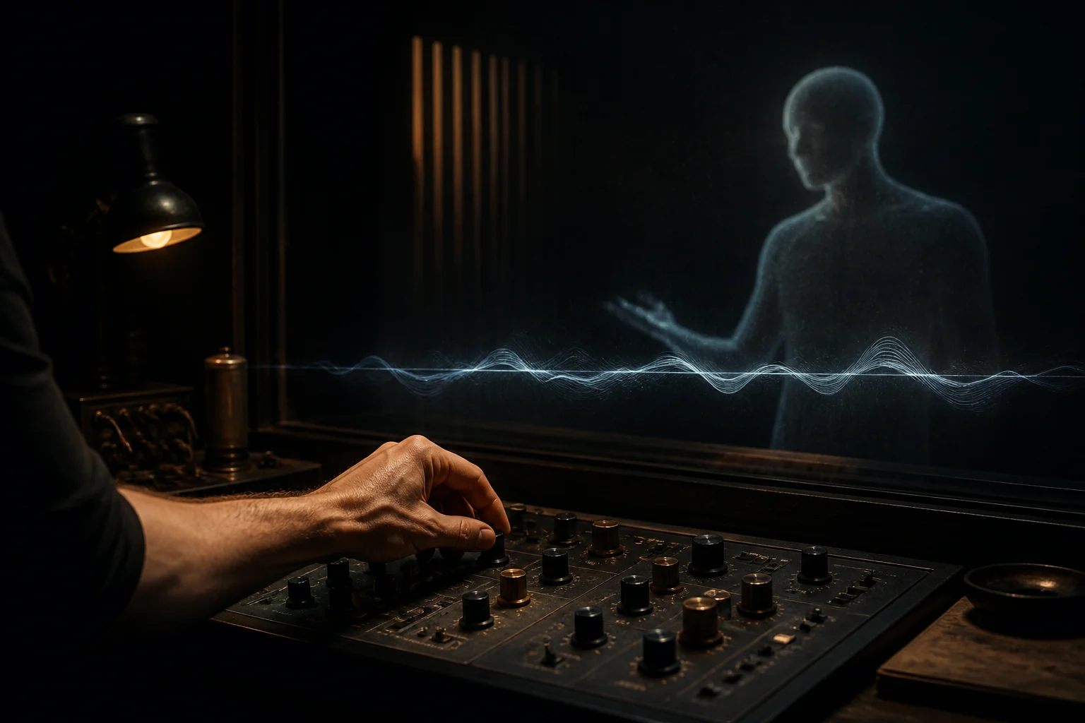 A human hand shapes sound on an analog console while a translucent performer appears in reflection