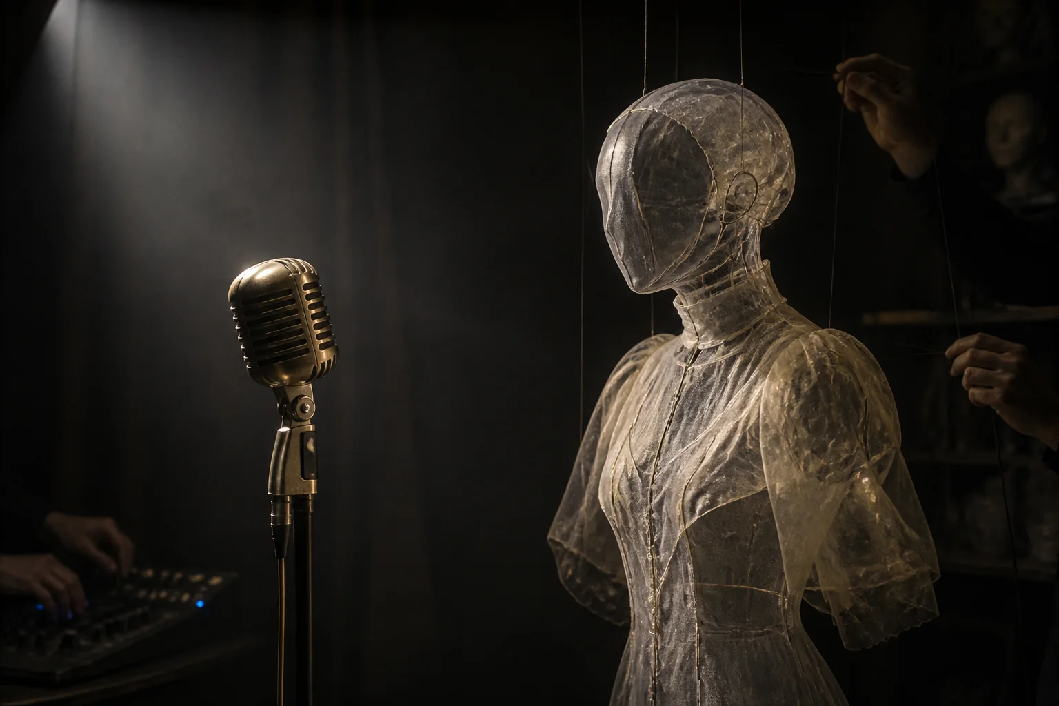 A hollow translucent singer stands at a microphone while unseen operators control it with threads