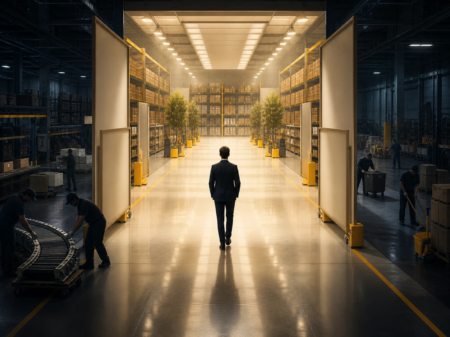 An executive walks through a pristine, brightly lit warehouse aisle while workers handle equipment in the dark margins