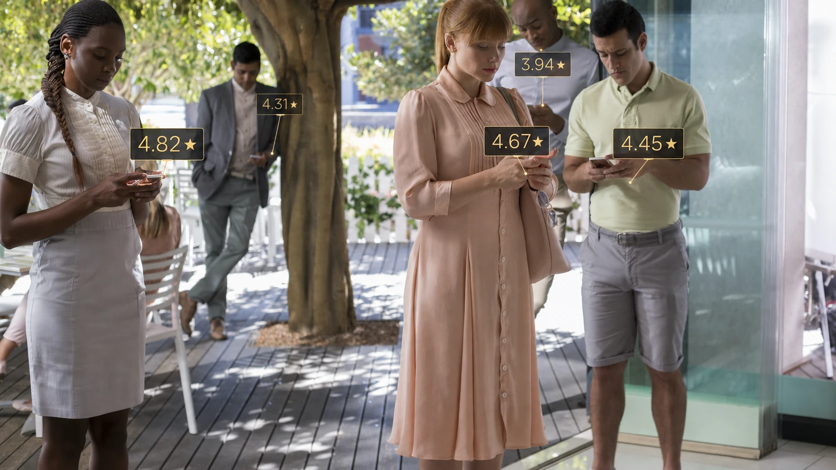 Five people look at their phones as floating social scores rise from the screens, with the scores softening into the background blur